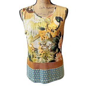 Carlisle Women's Yellow/Blue Floral Print Sleeveles Stretch Top Blouse Sz 10